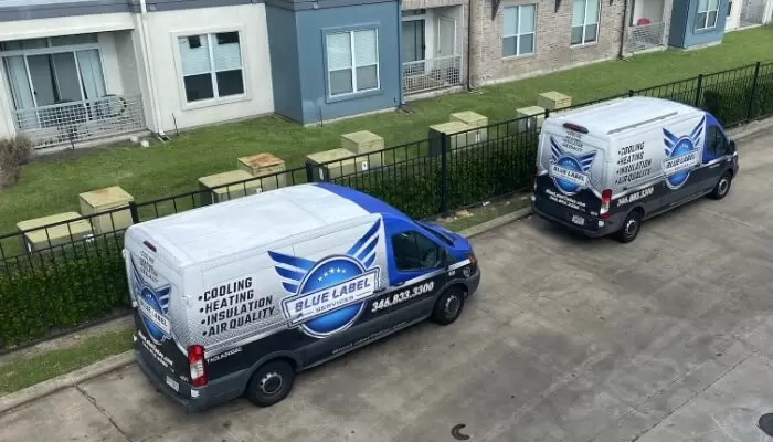 blue label trucks parked