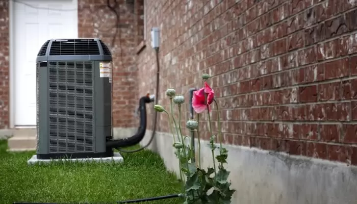 heat pumpr in backyard in spring